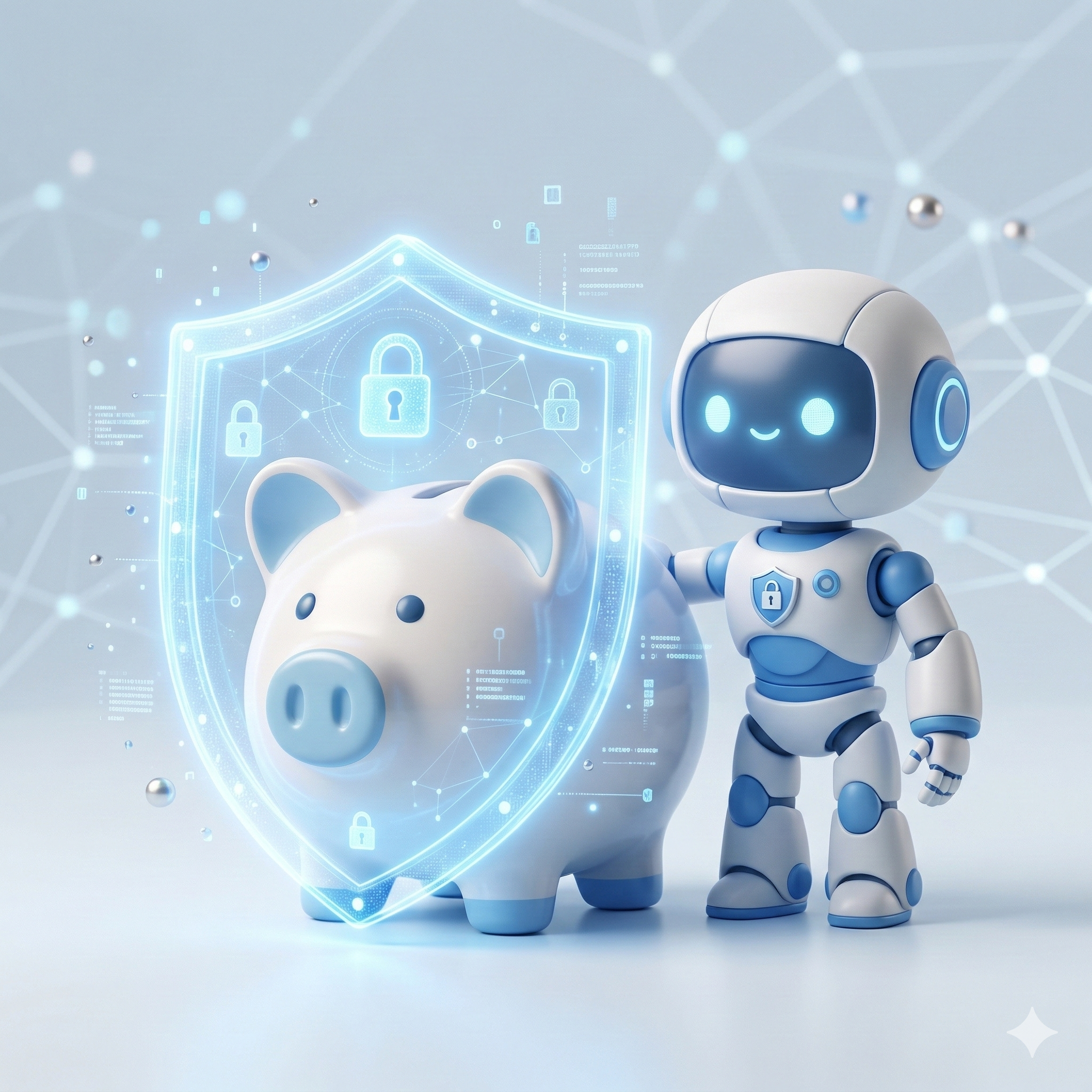 AIロボットが貯金箱をセキュリティシールドで守るイメージ