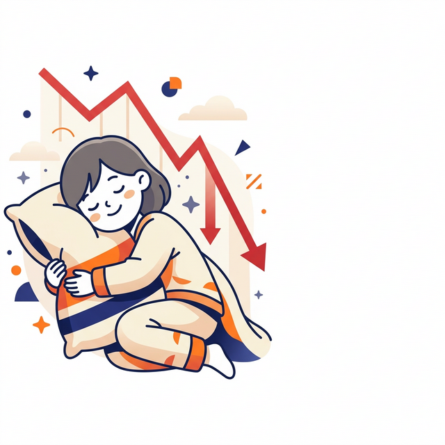 暴落するグラフを背景に笑顔で爆睡するキャラクター